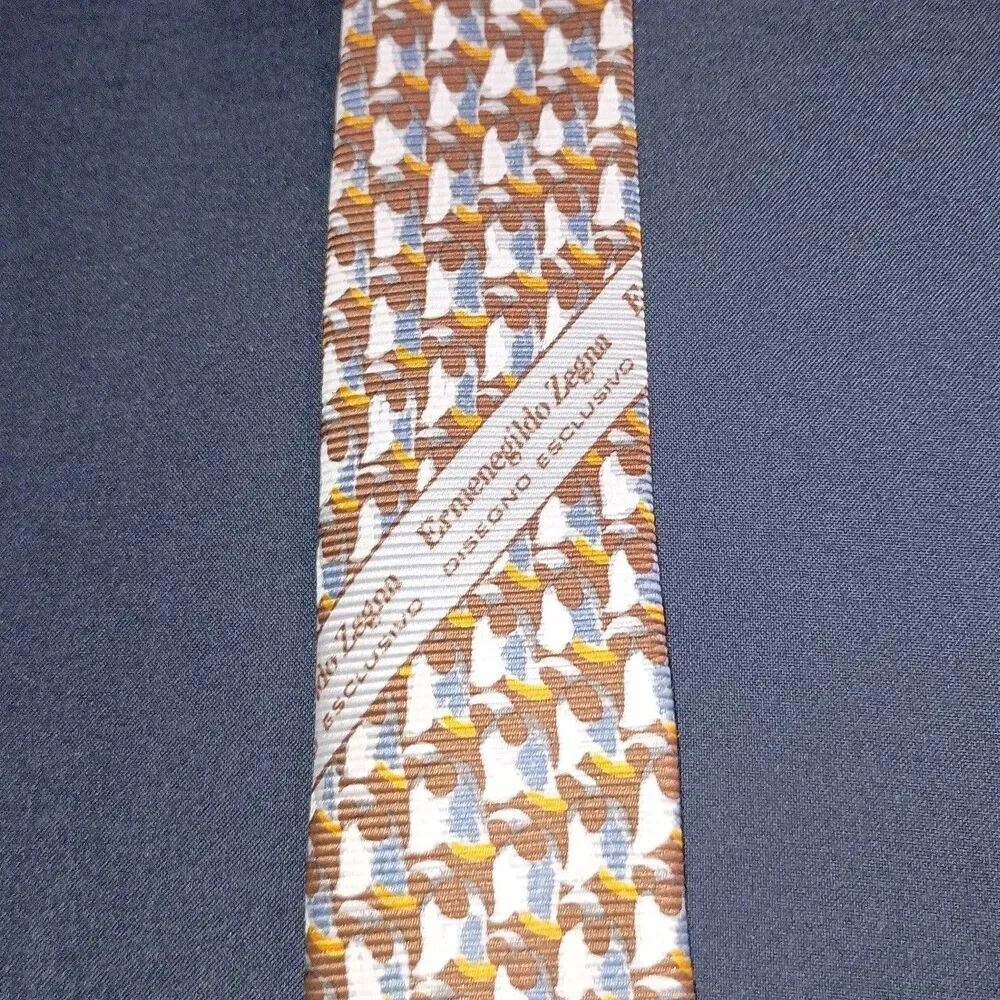 Ermenegildo Zegna Necktie 100% Silk Blue Brown Flower Print Tie Made In Italy